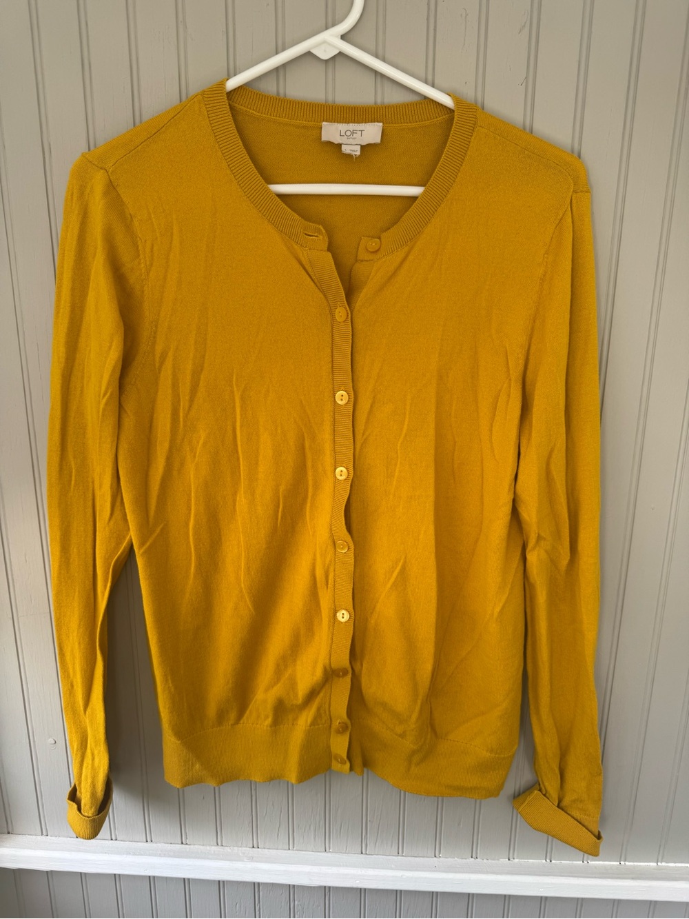 LOFT Mustard Yellow Button-Front Crewneck Cardigan